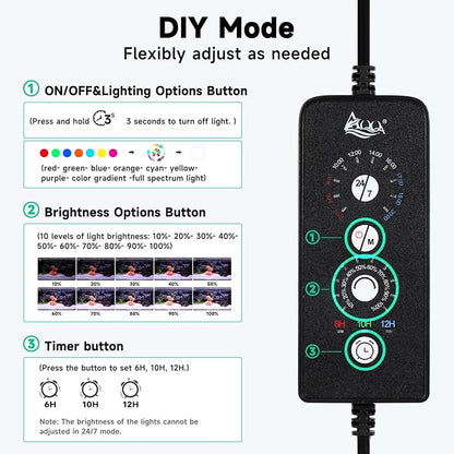 AQQA LED Aquarium Light, 24/7 Mode IP68 Waterproof Extendable Bracket Fish Tank Light, DIY Mode Full Spectrum Aquarium Plant Light, Adjustable Timer/Brightness Memory Function for 32-40 Inch Fish Tank