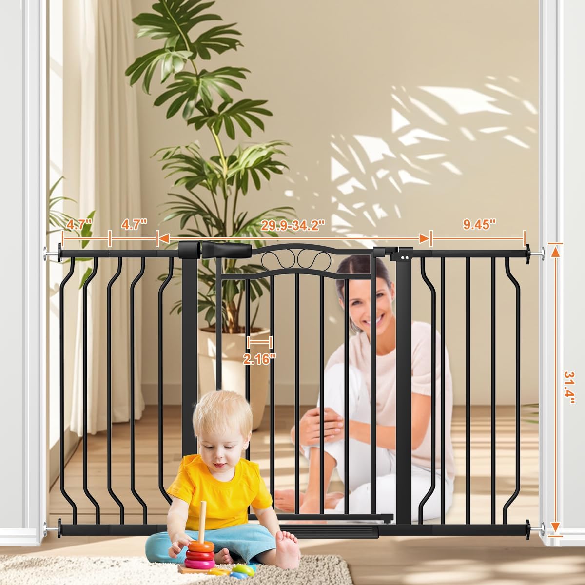 29.5-53.1" Extra Wide Baby Gate for Stairs No Drilling, 30" Tall Auto Close Press Mounted Baby Gate for Doorways, Adjustable Width Walk Through Dog Gates for Doorways, Black