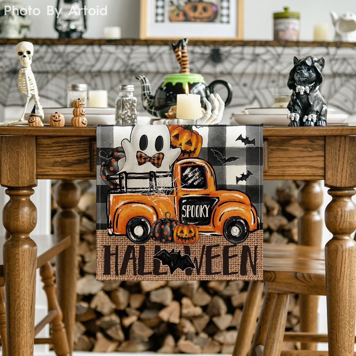 Artoid Mode Buffalo Plaid Bat Pumpkin Ghost Truck Spooky Halloween Table Runner, Sensonal Kitchen Dining Table Decoration for Home Party Decor 13x90 Inch
