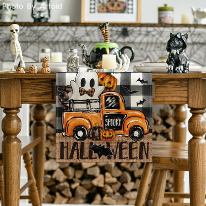 Artoid Mode Buffalo Plaid Bat Pumpkin Ghost Truck Spooky Halloween Table Runner, Sensonal Kitchen Dining Table Decoration for Home Party Decor 13x90 Inch
