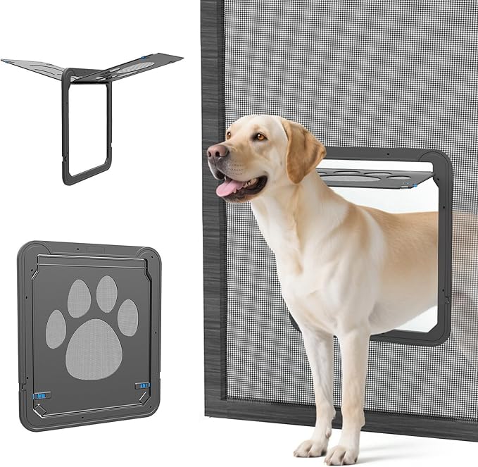 PETLESO Large Dog Door for Screen Door, Easy Install Lockable Pet Screen Door for Sliding Door, Doggy Screen Door, Gray, Inside size: 14''x12''