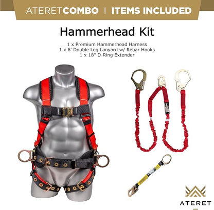 Fall Protection Hammerhead Kit I 5pt Safety Harness, 6' Double Leg Lanyard, 18" D-Ring Extender (Red - SM)
