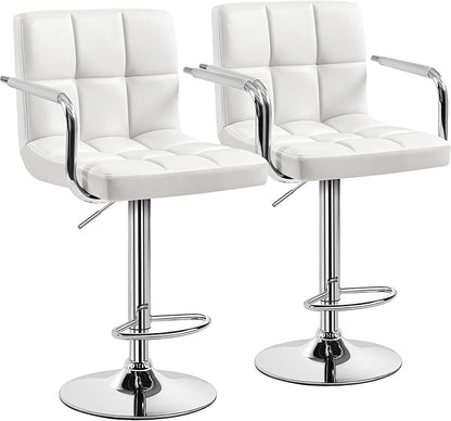Yaheetech Bar Stools Set of 2, PU Leather Adjustable Swivel Barstools, Hydraulic Kitchen Counter Height Bar Chairs with Armrest and Back for Bar, Kitchen, Dining Room, White