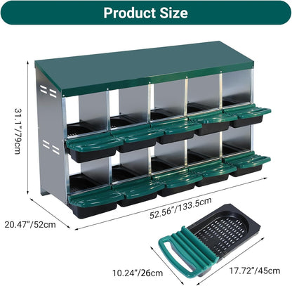 Chicken Nesting Box, 10 Hole 2 Layer Hen Nest Boxes, Roll Away Eggs Laying Boxes,Cleanable Pull Out Hen Roosting Boxes