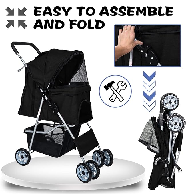 Dog Stroller for Small Dogs,Pet Stroller Strolling Cart 4 Wheels Folding Pet Gear Lightweight Waterproof with Storage Basket for Puppy Small Medium Dogs Cats for Travel,Black