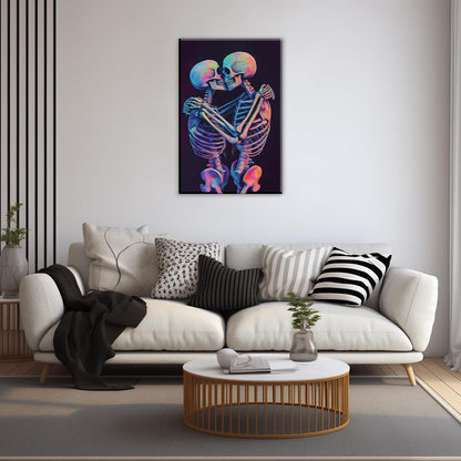 Skeleton Wall Art Kissing Skull Art Poster Skeleton Lover Picture Print On Canvas Abstract Horrible Theme Painting Framed Artwork Living Room Decor(Artwork-3,24"x36")