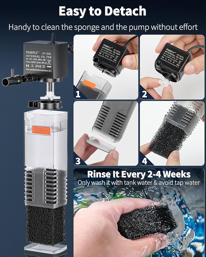 Pawfly Internal Aquarium Filter with 80 GPH Water Pump Quiet Submersible Bio Sponge Foam Filter for 10 to 20 Gallon Fish Tanks Small Multifunctional Filter for Filtration Circulation and Oxygenation