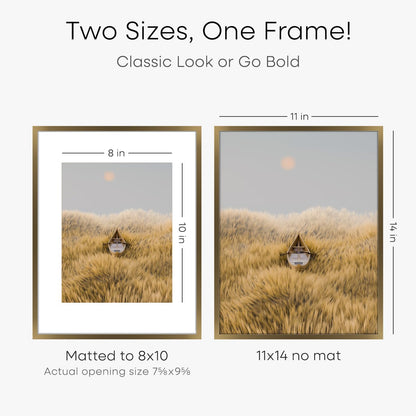 Homeforia 11x14 Bronze Picture Frame, High End Metal 11x14 Brass Frame with Mat 8x10, 11 x 14 Poster Frames Matted to 8 x 10 inch Photo, 11 by 14 Bronze Thin Frames, Tempered Glass, Wall Kit, Set of 1