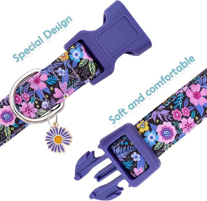 Faygarsle Cotton Dog Collar Cute Dog Collars for Small Medium Large Dogs Purple Floral Colored Options Soft and Fancy Pet Collars for Girls Flower Pattern for Girl Dog Collar L