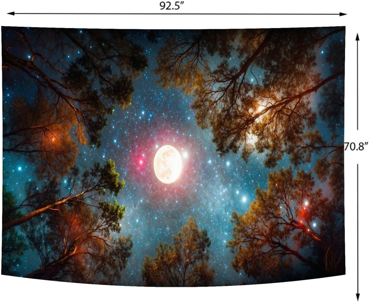 Delur Forest Tapestry Galaxy Moon Stars Night Space Starry Sky Wall Hanging Tapestry Aesthetic Tree Nature Landscape Psychedelic Headboard for Bedroom Living Room Home Decor (70.8" x 92.5")