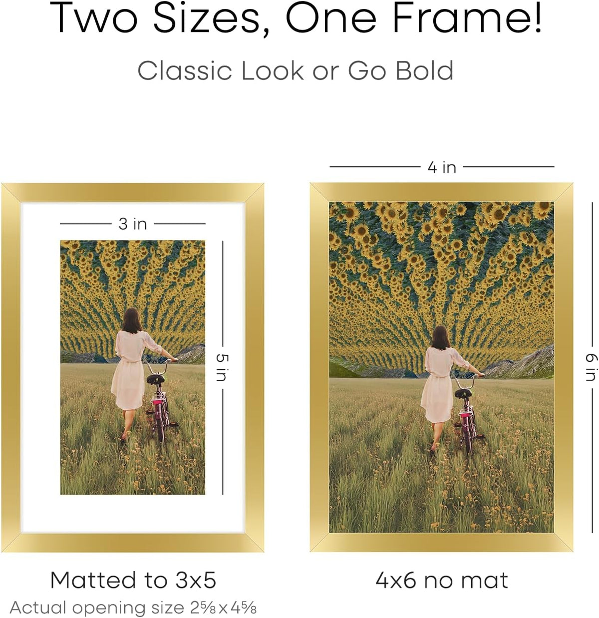 Homeforia 4x6 Picture Frame Gold, High End Metal 4 x 6 Gold Frames with Mat 3 x 5 for Print, 4by6 Desk Frame Matted to 3x5 inch Photo, 4 by 6 Wall or Tabletop Frame, Tempered Glass, Wall Kit, Set of 1