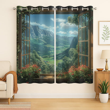 Mountain Blackout Curtains for Girls Boys Teens Home Decor, Spring Sky View Nature Forest Flower Grommet Thermal Insulated Drapes Darkening Window Curtain for Bedroom Living Room, 55 x 63 Inch