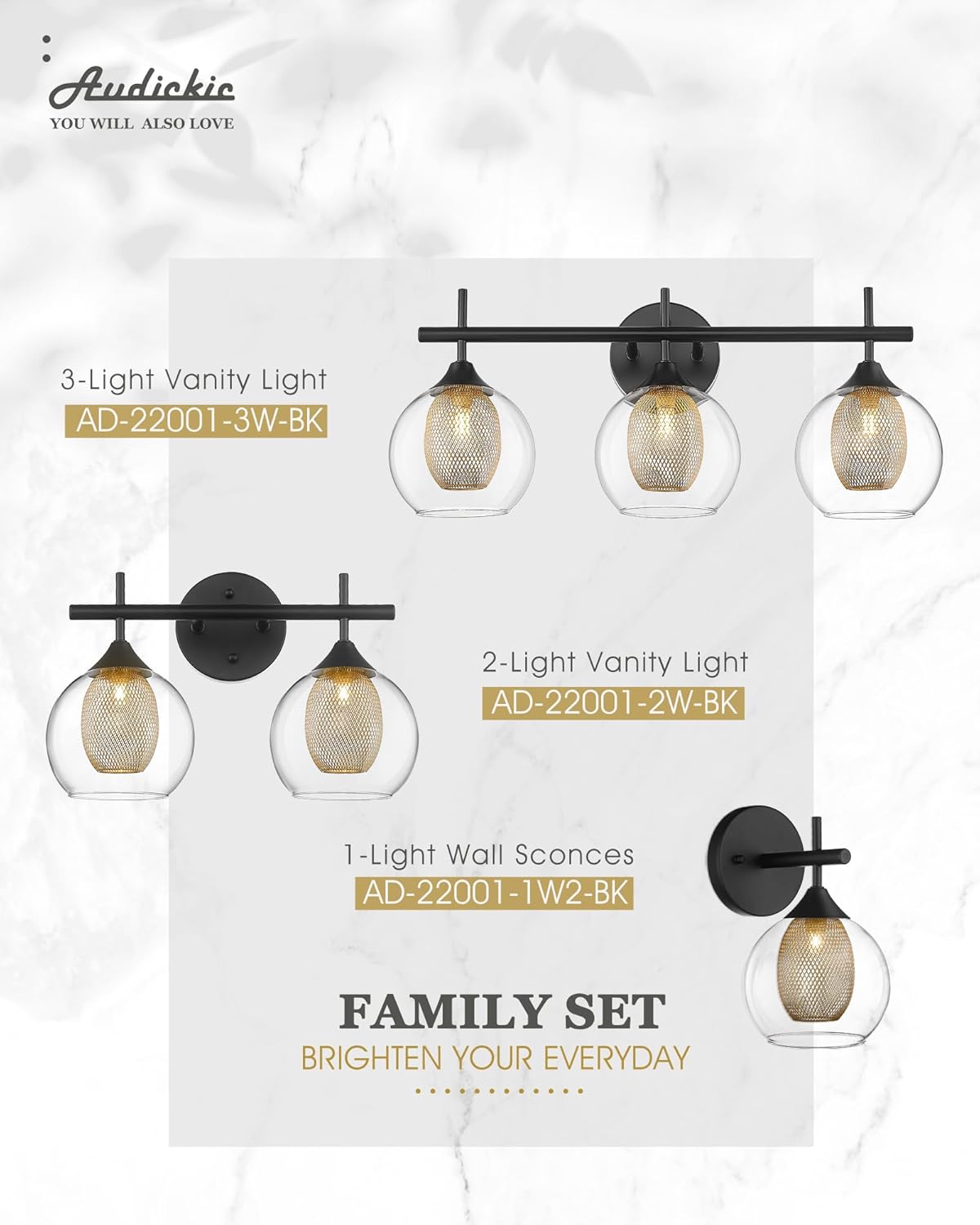 Black and Gold Bathroom Light Fixture, Farmhouse Wall Sconce Lighting with Clear Glass and Honeycomb Metal Shade, 2-Light Black Brass Vanity Light Over Mirror, AD-22001-2W-BK