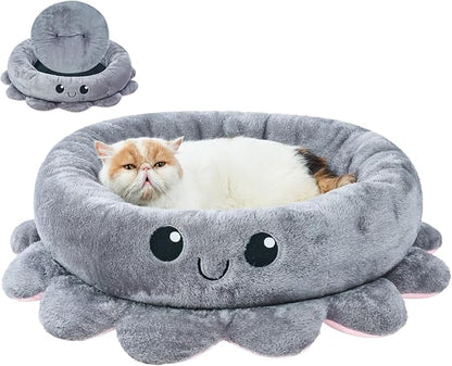 Cute Calming Dog Beds Clearance for Medium Small Dogs, Anxiety Bolster Dog Bed with Octopus Shape, Grey, M, Boho, Round Pet Bed Cat with Removable Cushion