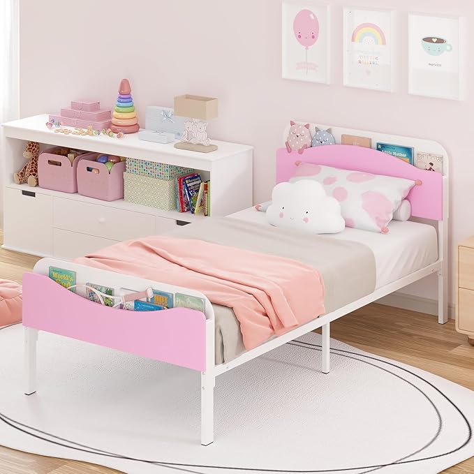 Timy Kids Twin Bed Frame with Bookcase Headboard and Footboard, Metal Platform Bed Frame for Boys Girls Teens, No Box Spring Needed, White and Pink