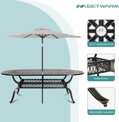 MEETWARM 9-Piece Outdoor Patio Dining Set, 8 Outdoor Dining Cushioned Chairs and 1 Oval Table with 2" Umbrella Hole, All Weather Cast Aluminum Patio Funiture Set for Backyard, Patio, Garden, Chili Red