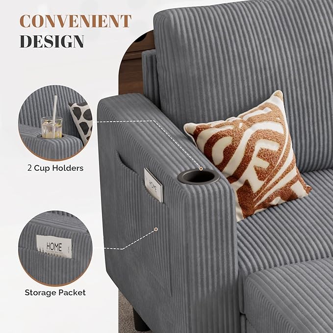 Upholstered Sectional Sofa and Couches, 78'' L Shaped 3-seat Sofa for Living Room, Apartment, Lounge,Bedroom-Washable Covers Convertible Sofas(Corduroy,Light Gary)