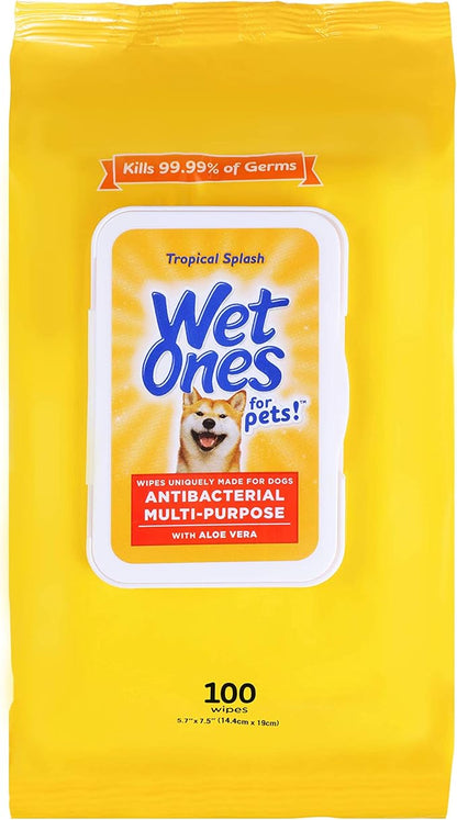 Wet Ones for Pets Multipurpose Dog Wipes with Aloe Vera, Tropical Splash Scent - Pet Bathing Wipes with Wet Lock Seal for Dog Paws & All Over Use, 100 Count