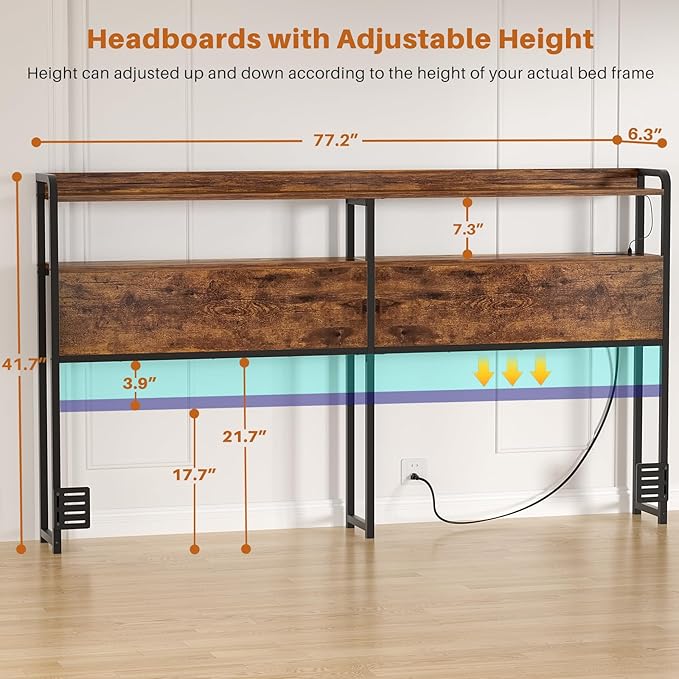 Aheaplus Headboard for King Size Bed Frame, Headboards with Outlets, USB Ports and LED Light, Head Board with Storage, Height Adjustable, Sturdy and Stable Headboard, King Size, Rustic Brown