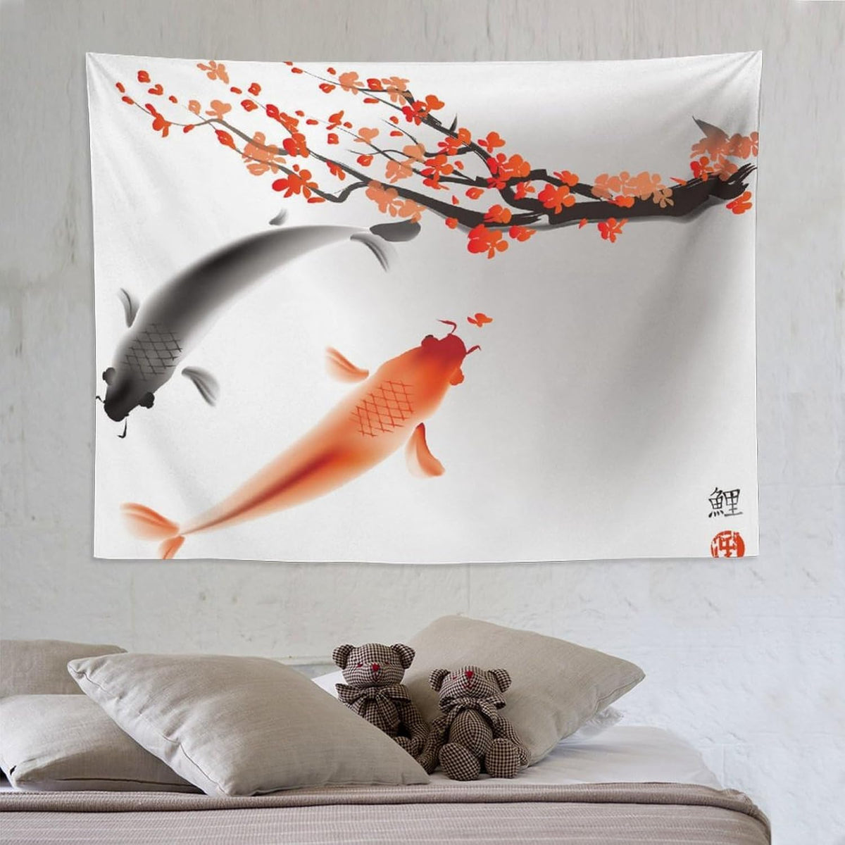 Houselerax Japanese Koi Fish Tapestry, Cherry Blossoms Asian Oriental Flower Branch Koi Fish Carp Tapestries Wall Hanging for Bedroom Living Room Office Decor 80"x60"