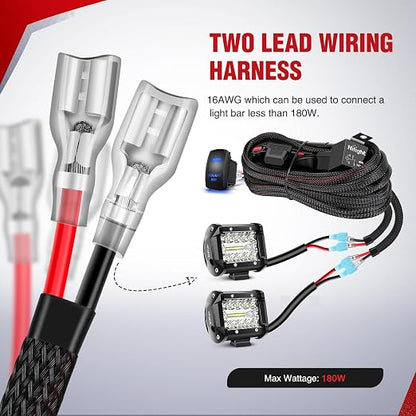 Nilight Nylon LED Light Bar Wiring Harness Kit 16 AWG 2 Leads | 12V 5Pin Rocker Switch, Laser On/Off Power Relay & Blade Fuse for Off Road Lights on Cars Jeep Boat Trucks