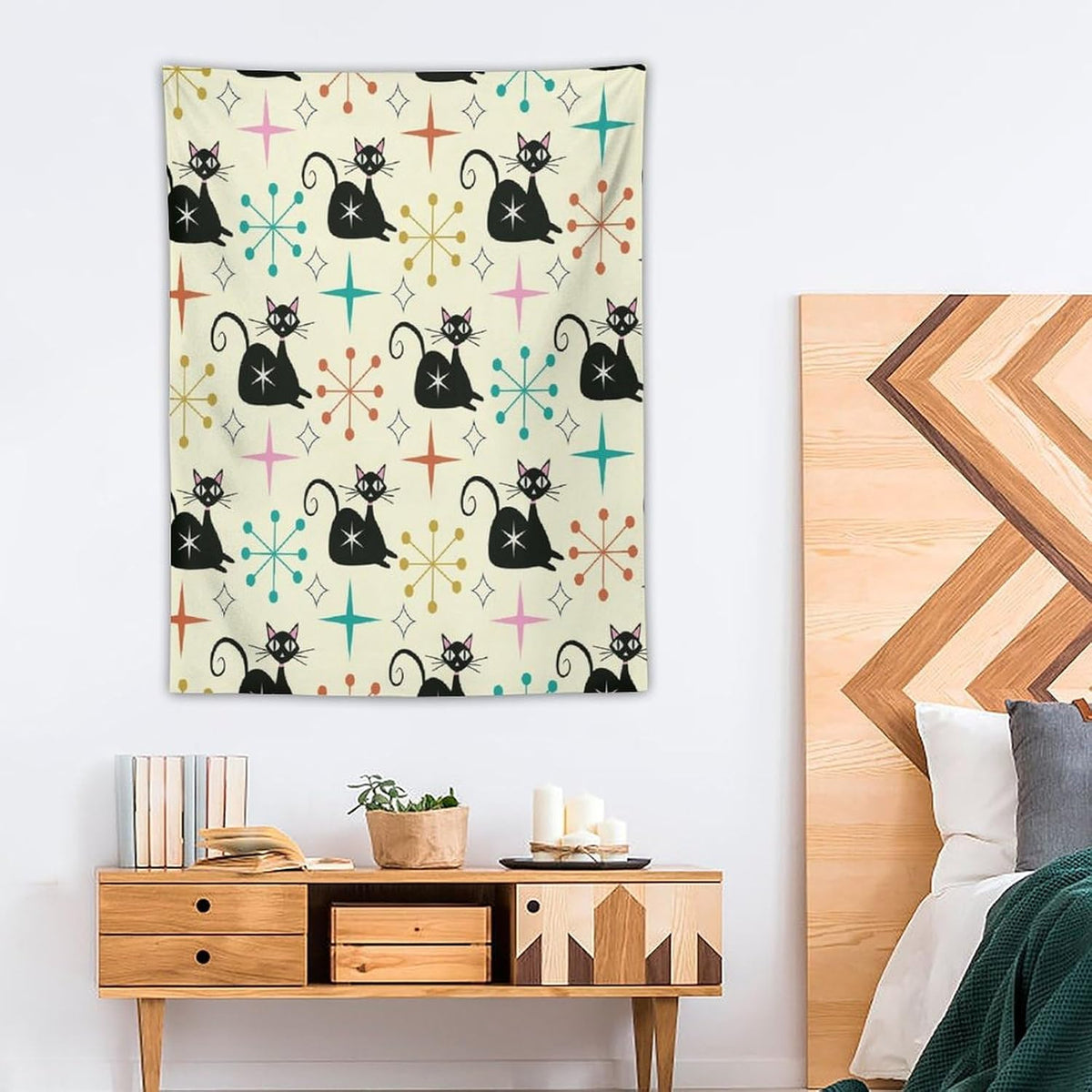 ICMOLYYENLO Abstract Cat Tapestry, Medieval Abstract Atomic Star Cat Vintage Home Wall Hanging Art Tapestry for Bedroom Living Room Dormitory 50x60 Inch
