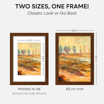 Homeforia A5 Picture Frame Brown, High-End Dark Oak 5.8x8.3 Wood Frame Matted to 4.1x5.8 inch Photo, A5 Size Walnut Wooden Frames with Mat A6 Print, 5.8 x 8.3 Frame, Tempered Glass, Wall Kit, Set of 1