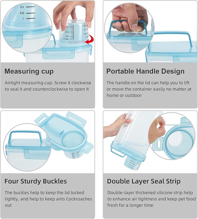 3-5Lbs/3Qt Dog Cat Food Storage Container With foldable bowl. Plastic Pet Food Dispenser for Small Animal Kibble/Pet Food/Bird Seed/Oatmeal/Rice/Flour/Brown Sugart/Cereals (Clear Bule)