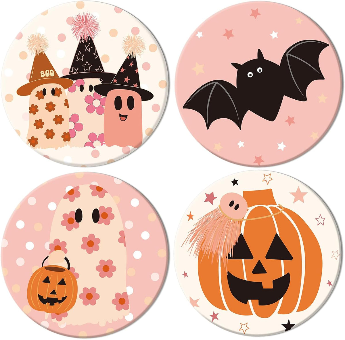Whaline 4Pcs Halloween Coasters Pink Ghost Bat Pumpkin Ceramic Coasters Absorbent Cup Mat for Home Kitchen Office Party Table Decor