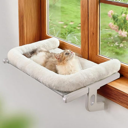 Cat Window Sill Perch with Large Bolster, Easy to Adjust & Assemble Cat Window Seat for Windowsill & Bedside, Pet Hammock Bed for Large Cats and Kittens (White, M)
