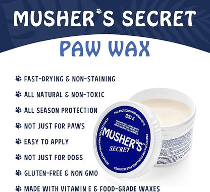 Musher’s Secret Dog Paw Wax 200g – Natural Paw Balm for Dogs with Vitamin E – Helps Protect Paws from Hot Pavement, Ice & Salt – Moisturizes Cracked Pads – Lick-Safe, Non-Toxic Dog Paw Protector
