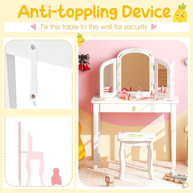 Costzon Kids Vanity, Girls Vanity Set with Tri-Folding Mirror, Stool, Storage Drawer, Princess Toddler Makeup Vanity Desk Dressing Table, Wooden Kids Vanity Table and Chair Set (Fruit Pattern)