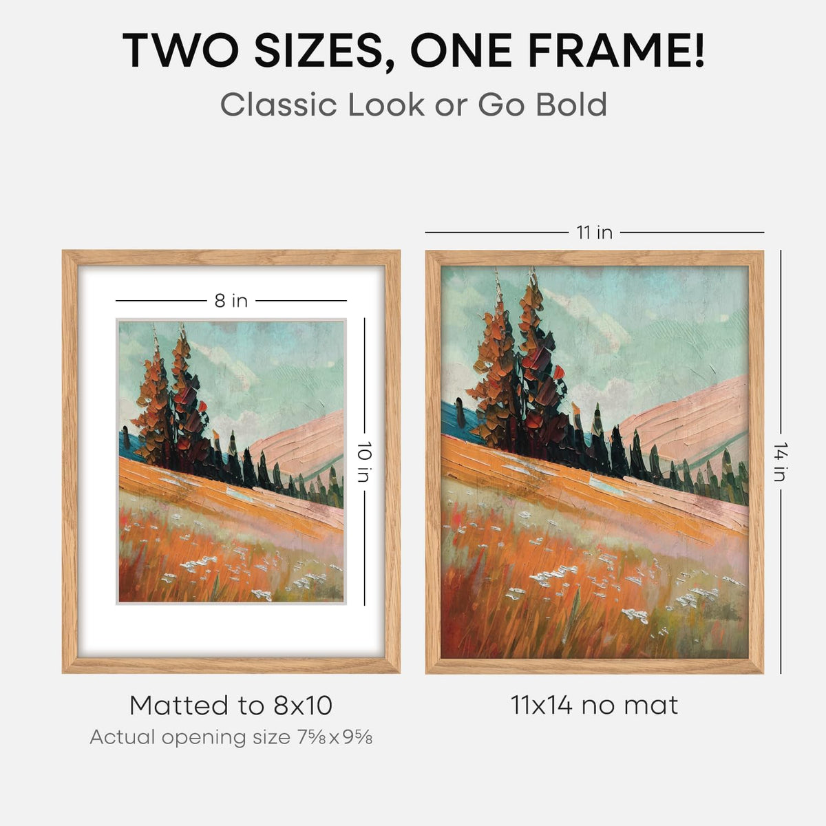Homeforia 11x14 Picture Frame Wood, High End Natural Oak 11x14 Light Wooden Poster Frames with Mat 8x10, 11 x 14 Frames Matted to 8 x 10 Photo, 14x11 Hanging Frames, Tempered Glass, Wall Kit, Set of 1