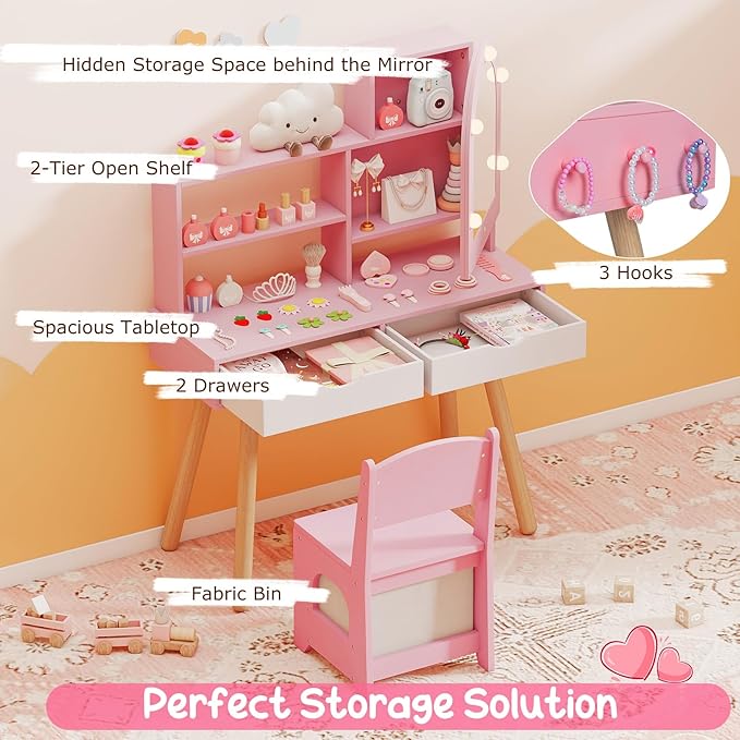 Costzon Kids Vanity with Lights, Girls Vanity Set with Mirror Cabinet, Storage Drawers, Hooks & Shelves, Toddler Makeup Vanity Desk Dressing Table, Wooden Kids Vanity Table and Chair Set (Pink)