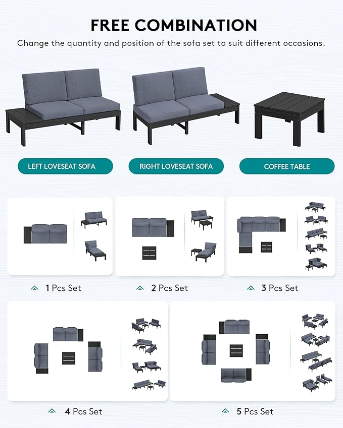 SERWALL HDPE Patio Furniture Set with 15FT Double Side Patio Umbrella, Outdoor Sofa Set, Seats 6, Modular Sectional Couch for Patio, Garden, Backyard, Black Frame with Grey Cushion