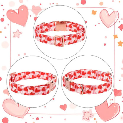 Valentines Dog Collar, Cute Pink Valentine Dog Collars, Doodle Heart Pattern, Adjustable Heavy Duty Pet Collar for Small Medium Large Dogs with Metal Buckle S