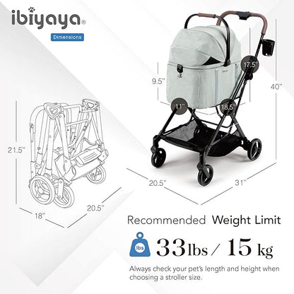 ibiyaya Tinker Pet Stroller for Small Dogs and Cats – 3-in-1 Pet Carrier, Dual-Opening Canopy, No-Flat Wheels, Vegan Leather Handle, Large Storage Basket (Sage Green)