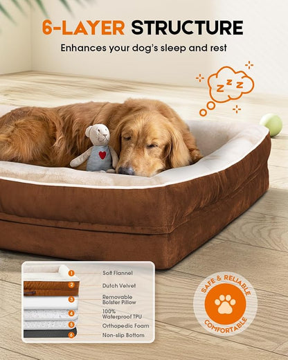 Upvilla Orthopedic Dog Bed, Four-Sided Medium Dog Sofa,Washable Cover Brown | Removable Waterproof Dog Bed Cover, Egg-Crate Orthopedic Foam, Built-In Carry Handle, Indoor Small Pet Beds, Cat Beds