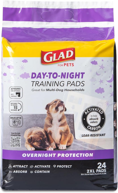 Glad for Pets Giant Activated Carbon Training Pads, 30 x 36 In, 24 Ct, 3-Pk | Adhesive backing and wall protection for leak-proof, super-absorbent day-to-night coverage