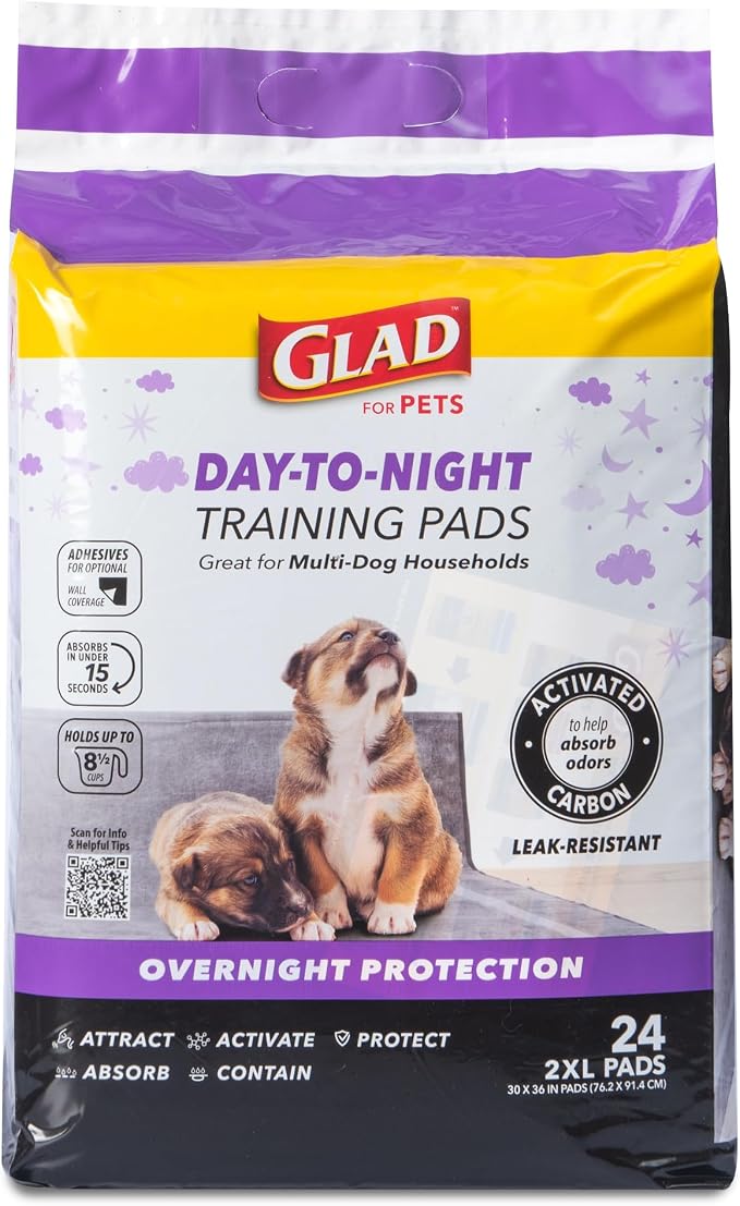 Glad for Pets Giant Activated Carbon Training Pads, 30 x 36 In, 24 Ct, 2-Pk | Adhesive backing and wall protection for leak-proof, super-absorbent day-to-night coverage