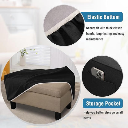 H.VERSAILTEX Ottoman Cover Rectangle Fit Length 43"-44" Footrest Linen Look Ottoman Slipcovers Thick Ottoman Covers Slipcover Rectangle Slipcovers for Ottomans Sturdy Foot Stool Cover - Heather Black