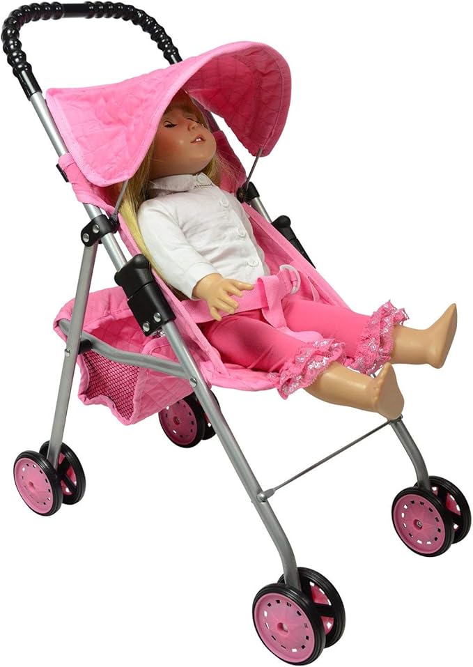 The New York Doll Collection My First Doll Stroller with Basket, Foldable Doll Stroller (Pink Quilted)