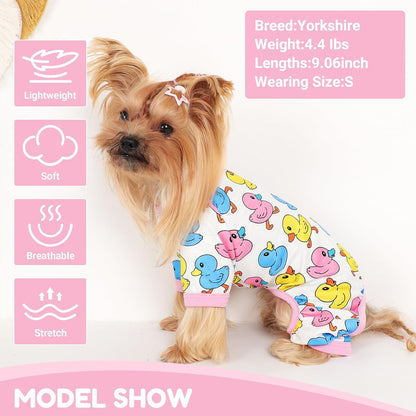 Dog Pajamas Small Sized Dogs Stretchable Summer Dog Clothes Pjs 4 Legs Girl Boy Cute Soft Puppy Outfits Doggie Cat Jammies Jumpsuit Sleeper for Pet (Duck, Medium)