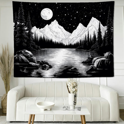 keowhsf Starry Night Mountain Lake Tapestry Black and White Tapestries Aesthetic Moon and Stars Wall Hanging Dark Nature Forest Tapestry for Bedroom Living Room Dorm Decor