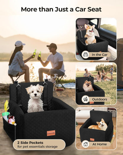 Dog Car Seat for Small & Medium Dogs Under 35lbs, Detachable & Washable Pet Car Seat, Interior Height 6 Inches Pet Travel Bed with Storage Pockets and 2 Dog Safety Belts (Black)