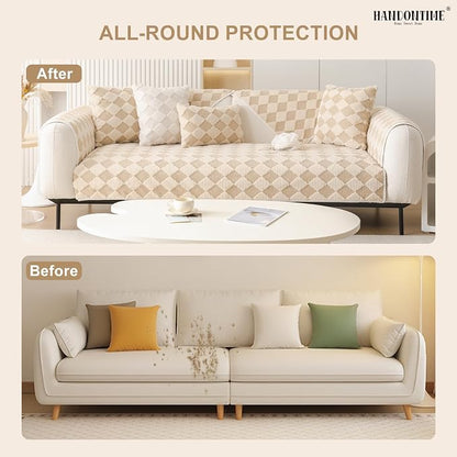 HANDONTIME Non-Slip Pet Couch Cover Washable, Plush Faux Fur Couch Protector for Cushion Pet-Friendly Sofa Covers for Dogs, Checkered Diamond Sectional Covers Dog Mat for Sofa (Khaki, 35.6" x 70.9")