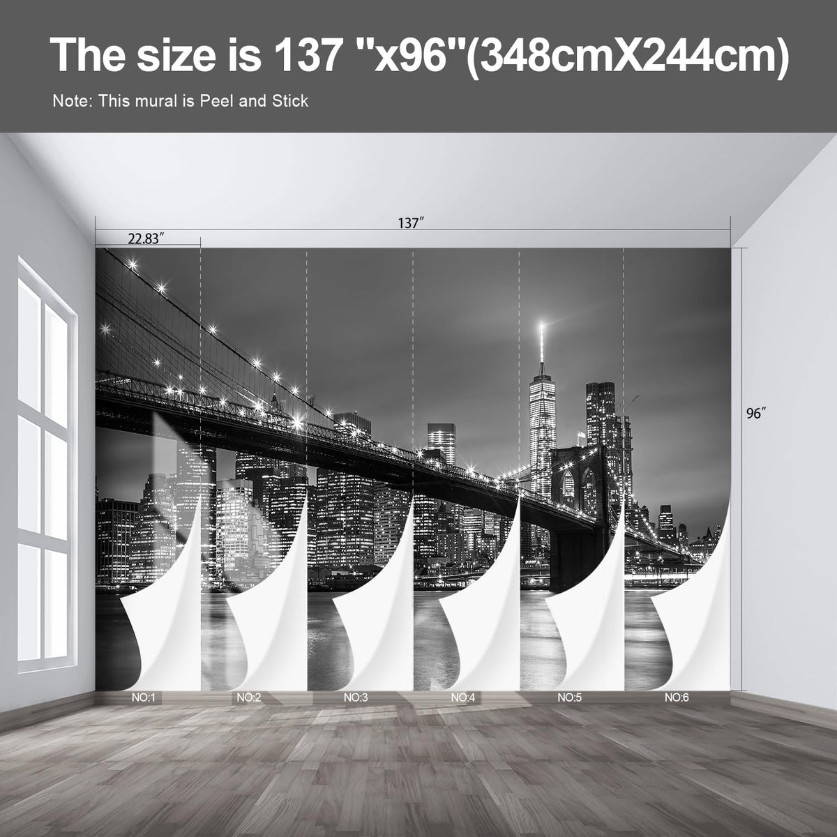 Gray Brooklyn Bridge at Night NYC Wall murals New York Peel and Stick Wallpaper for Bedroom Living Room - 96"x137"