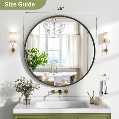 36 Inch Round Bathroom Mirror - Wall Mounted Circle Mirror with Metal Frame, Modern Mirror Suitable for Bathroom, Vanity, Entryway, Living Room, Wall Decor,Black