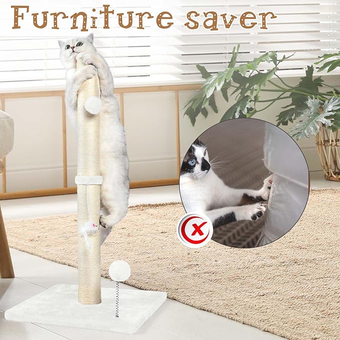 ANWA 32" Tall Cat Scratching Posts for Indoor Cats, 3-in-1 Cat Scratching Post with Plush Toys, Premium Sisal Post for Cats at All Ages with Reinforced Stable Base, Cream White