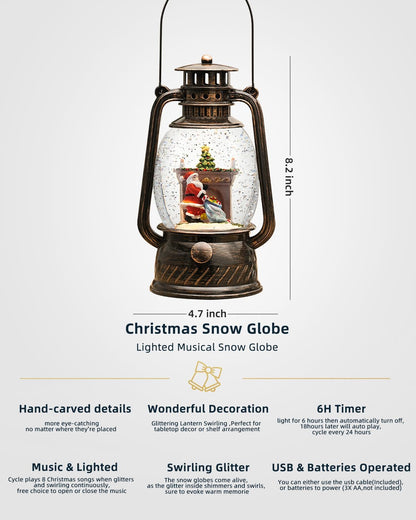 Snow Globe Christmas Decorations Indoor,Christmas Snow Globe Swirling Glittering Santa Scene, USB Lined/Battery Operated Lighted Snow Globe for Christmas Festival Decoration Gifts